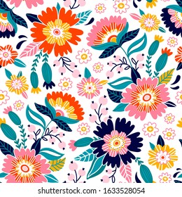 Floral print design. Pattern with cute flowers. Cartoon background. Can be used for printing on fabric and paper and other surfaces. Hand drawn cartoon illustration. 