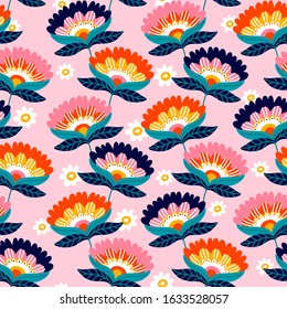 Floral print design. Pattern with cute flowers. Cartoon background. Can be used for printing on fabric and paper and other surfaces. Hand drawn cartoon illustration. 