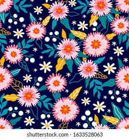 Floral print design. Pattern with cute flowers. Cartoon background. Can be used for printing on fabric and paper and other surfaces. Hand drawn cartoon illustration. 