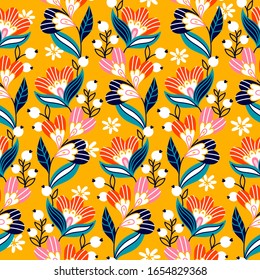 Floral print design. Pattern with cute flowers. Cartoon background. Can be used for printing on fabric and paper and other surfaces. Hand drawn cartoon illustration. 