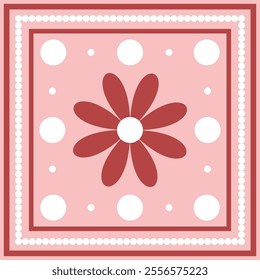 Floral print with dots and frame. Simple square design for scarf, kerchief, bandana and other textile products.