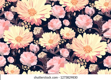 Floral print. Elegant seamless pattern. Pink pastel flowers on dark blue background. Template for Wallpapers, cards, wrapping paper, book covers, Newspapers. Perfect design. Vector.