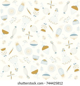 Floral print with flowers, leaves, butterfly, ladybug. Blue and gold doodle drawing background. Vector seamless pattern. Great template for wedding, spring, summer celebration