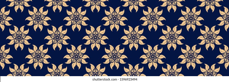 Floral print. Golden pattern on dark blue seamless background. Vector illustration