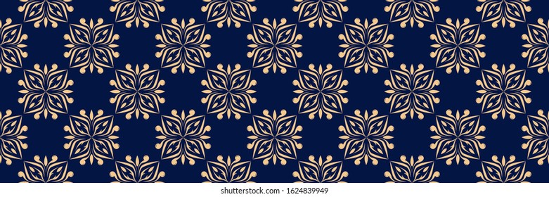 Floral print. Golden pattern on dark blue seamless background. Vector illustration