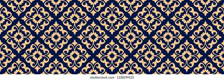 Floral print. Golden seamless pattern on dark blue background