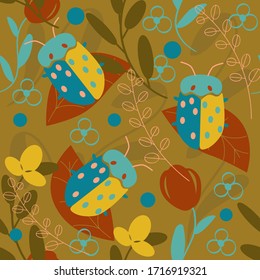 Blumendruck mit Insekten.
 Vektorillustration nahtlos. Illustrationen für Stoffe und alle Drucke.