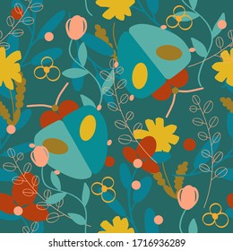 Floral print with insects.
Vector seamless pattern. Illustrations for fabrics and all prints on a turquoise background.