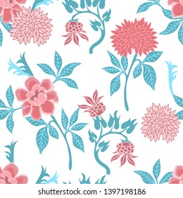 Floral print with Japanese motifs. Seamless vector pattern with abstract peonies and chrysanthemums. Oriental textile collection. On white background.