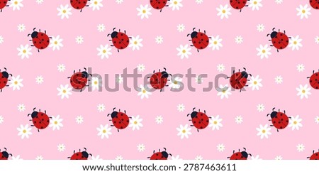 Floral print ladybug bg with childish insect and ladybird pattern for seamless bug background. Cute repeat simple girly pink spring red heart baby vector children daisy lady love clipart.