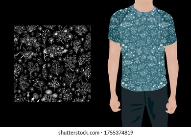 Floral Print on T-shirt. Vector stock illustration eps 10. Hand drawing.
