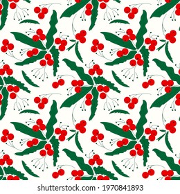 Floral print on a white background. Red flowers with green leaves in print for Christmas and New Year holidays.