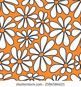 Floral Print with Outline White Black Flowers. Seamless Pattern with Chamomile Flowers on Orange Background. Summer Flowers. Sample can be used for Fabric, Cover, Mugs, Wrapping Paper. Vector Image