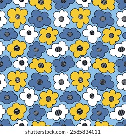 Floral Print with Outline White Blue Yellow Black Flowers. Seamless Pattern with Decorative Flowers on Blue Background. Sample can be used for Fabric, Cover, Mugs, Wrapping Paper. Vector Image