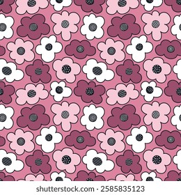 Floral Print with Outline White Purple Black Flowers. Seamless Pattern with Decorative Flowers on Pink Background. Sample can be used for Fabric, Cover, Mugs, Wrapping Paper. Vector Image