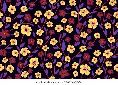 Floral print with purple and light yellow flowers, leaves on a black background. Forest plants beautiful Botanical texture. Seamless flower pattern. Hand-drawn vector illustration.