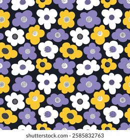 Floral Print with Purple Yellow White Flowers. Seamless Memphis Pattern with Decorative Flowers on Black Background. Sample can be used for Fabric, Cover, Wrapping Paper. Vector Illustration