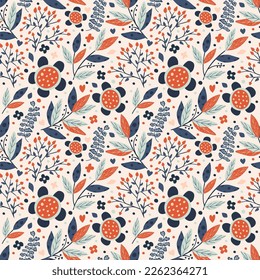 Floral print, red abstract flowers and leaves, seamless pattern, vector illustration