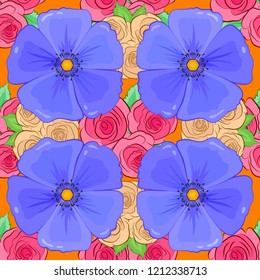 Floral print. Repeating vector cosmos flowers pattern. Modern motley floral seamless pattern in beige, violet and pink colors.