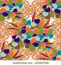 Floral print. Repeating vector forget-me-not flowers pattern. Modern motley floral seamless pattern in orange, blue and beige colors.