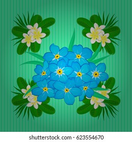 Floral print. Repeating vector forget-me-not flowers pattern. Modern motley floral seamless pattern on a green background.