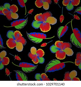 Floral print. Repeating vector hibiscus flowers pattern. Modern motley floral seamless pattern in red, green and black colors.