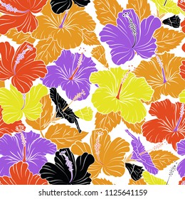 Floral print. Repeating vector hibiscus flowers pattern. Modern motley floral seamless pattern in yellow, white and violet colors.