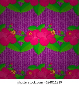 Floral print. Repeating vector hibiscus flowers pattern. Modern motley floral seamless pattern on a purple background.