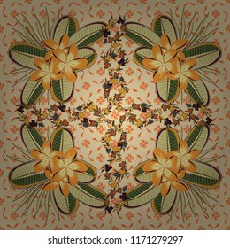 Floral print. Repeating vector plumeria flowers pattern. Modern motley floral seamless pattern in orange, beige and yellow colors.