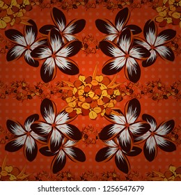 Floral print. Repeating vector plumeria flowers pattern. Modern motley floral seamless pattern in orange, brown and red colors.