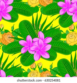 Floral print. Repeating vector plumeria flowers pattern. Modern motley floral seamless pattern on a yellow background.