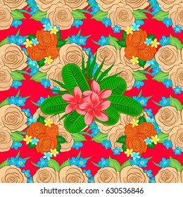 Floral print. Repeating vector plumeria flowers pattern. Modern motley floral seamless pattern on a red background.