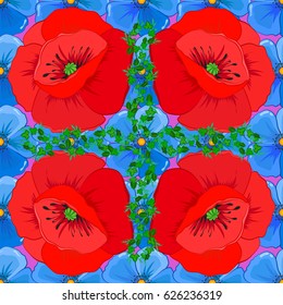 Floral print. Repeating vector poppy flowers pattern. Modern motley floral seamless pattern on a violet background.