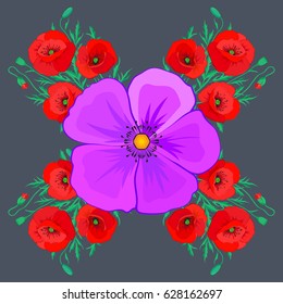 Floral print. Repeating vector poppy flowers pattern. Modern motley floral seamless pattern on a gray background.