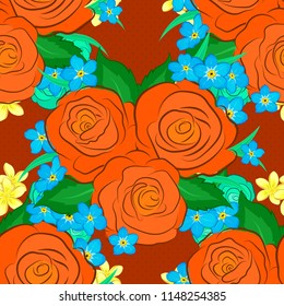 Floral print. Repeating vector rose flowers and green leaves pattern. Modern motley floral seamless pattern in orange, blue and green colors.