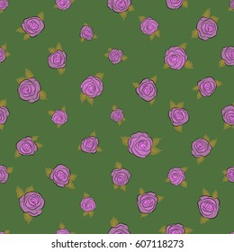 Floral print. Repeating vector rose flowers and green leaves pattern. Modern motley floral seamless pattern on a green background.
