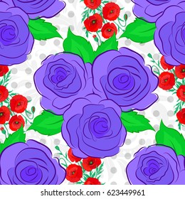 Floral print. Repeating vector rose flowers and green leaves pattern. Modern motley floral seamless pattern on a white background.