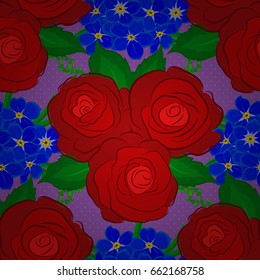 Floral print. Repeating vector rose flowers and green leaves pattern. Modern motley floral seamless pattern on a violet background.