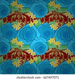 Floral print. Repeating vector rose flowers and green leaves pattern. Modern motley floral seamless pattern on a red background.