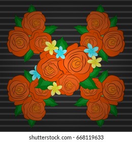Floral print. Repeating vector rose flowers and green leaves pattern. Modern motley floral seamless pattern on a gray background.