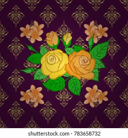 Floral print. Repeating vector rose flowers and green leaves pattern. Modern motley floral seamless pattern in purple and yellow colors.
