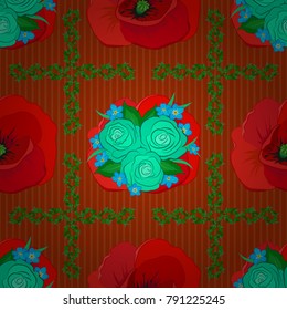 Floral print. Repeating vector rose flowers and green leaves pattern. Modern motley floral seamless pattern in green, orange and red colors.