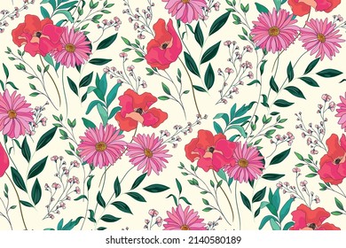 Floral print, seamless botanical pattern with decorative wild plants. Abstract composition of various flowers, twigs and leaves on a white background. Vector illustration.