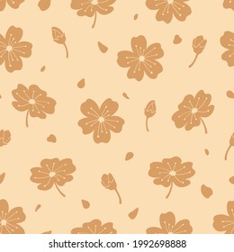 Impresión floral sin fisuras con colores beige y marrón. Sencillo fondo en estilo japonés de tendencia con flores japonesas. Patrón cuadrado sin fisuras para diseños web, tejidos, moda, textiles. Vector.