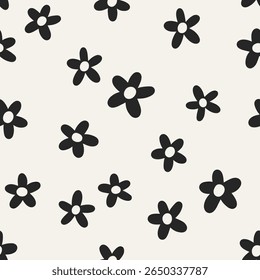 Impressão floral, padrão perfeito. Margaridas flores, infinito design de fundo. Prado preto e branco abstrato, repetindo textura imprimível para têxteis, tecido e envoltório. Ilustração de vetor plano