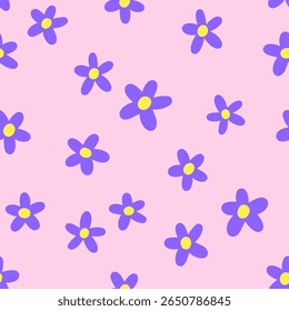 Impressão floral, padrão perfeito. Design interminável com margaridas simples de doodle, flores trippy. Textura repetida, fundo de verão para têxtil, tecido, envoltório e papel de parede. Ilustração de vetor plano