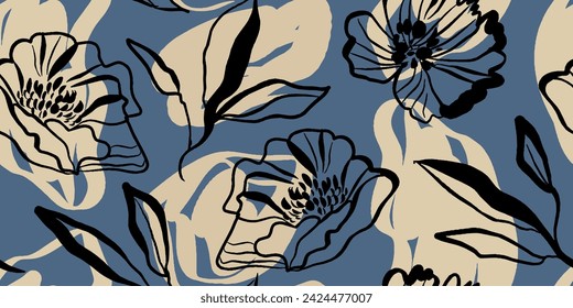 Floral print. Seamless pattern. Hand drawn style. Collage contemporary print. Fashionable template for design
