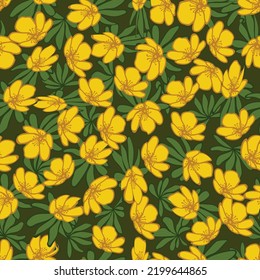 Floral print seamless pattern. Winter aconite flowers repeat background. Textile design pattern vector. . 3D Illustration