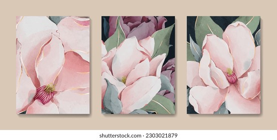 Impresión floral con flores de magnolia en un estilo acuarela con elementos dorados en línea. Dibujo botánico a mano para decoración, afiche, papel pintado, decoración interior.