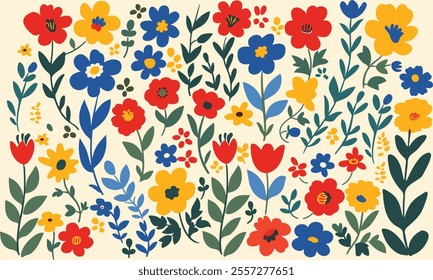 Floral print, in the style of Matisse, simple shapes and lines, flat vector illustration, flowers in red, blue, yellow, and green on a cream background